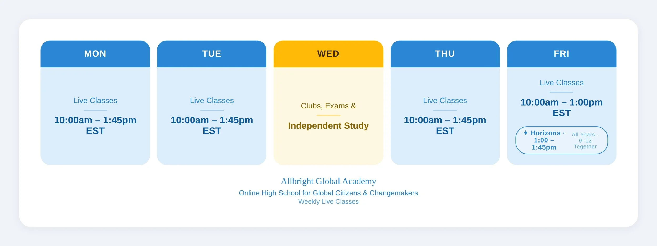 Image showing Allbright Global Academy's weekly live classes overview for the online high school.