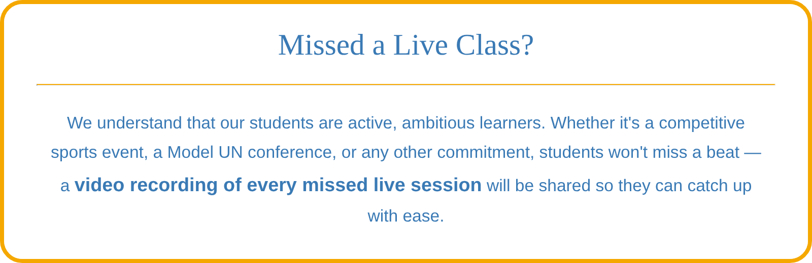 Allbright Global Academy online school ensures no student falls behind — recorded sessions keep American diploma students on track no matter their commitments.