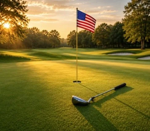 Golf course with flagstick and American flag, golf club on green in sunlight.