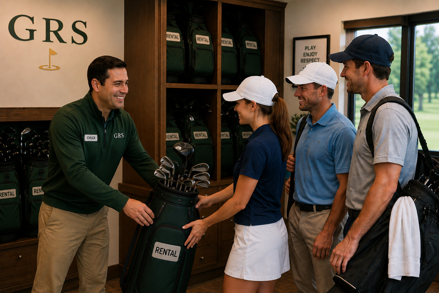A group of four golfers at a counter with a man in a green sweatshirt handing over golf clubs in a rental bag to a woman in a navy polo and white skirt. The other two men stand behind her, smiling. Shelves with rental bags are behind them.