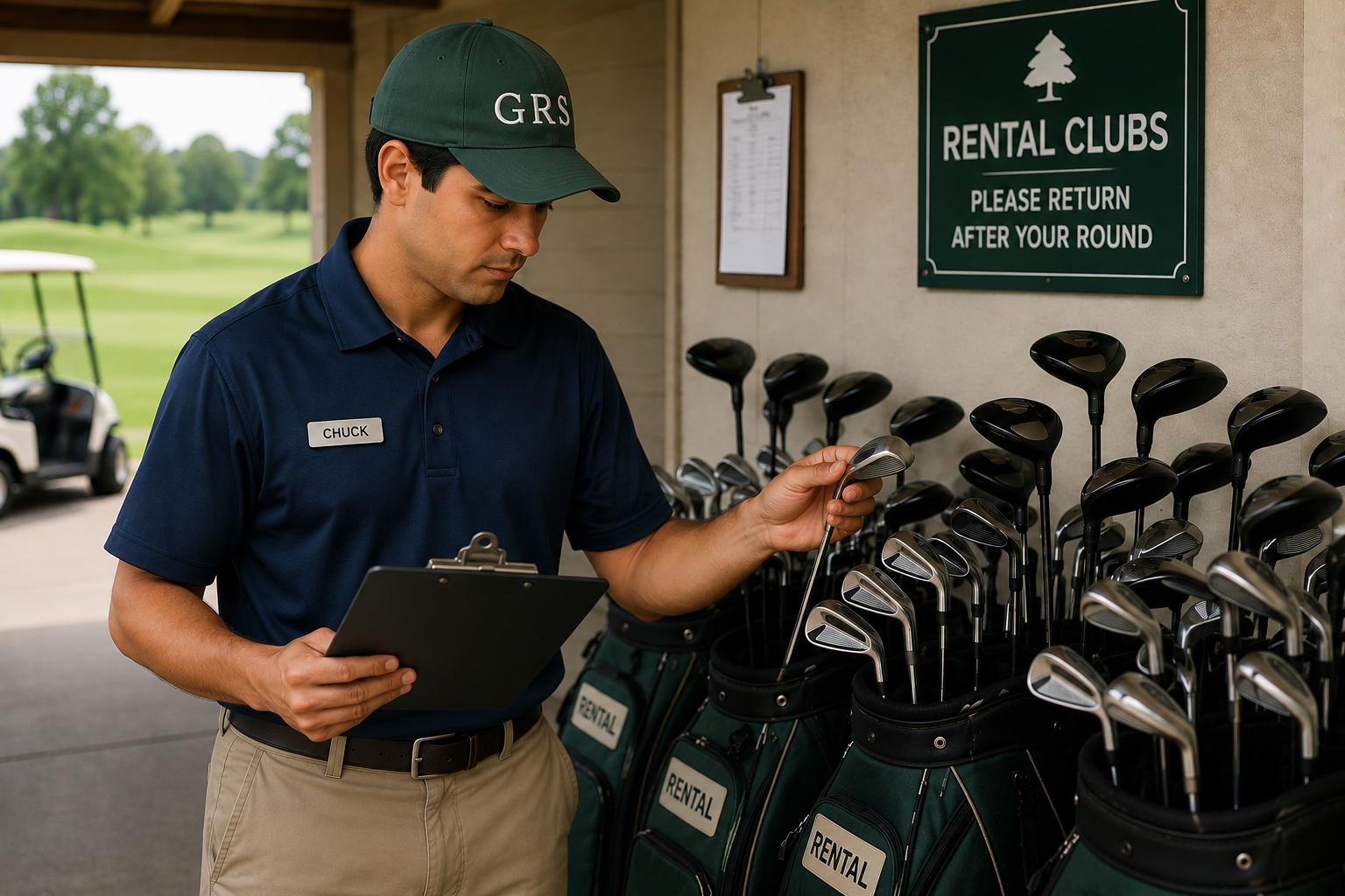 A man golf course employee reducing the time it takes to check in and check out clubs increasing the opportunity to recover clubs on the course.