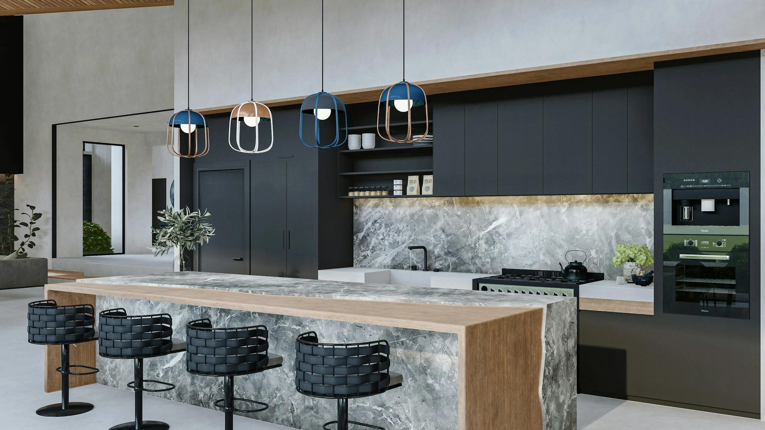 Modern kitchen with black cabinetry, marble backsplash, and central island. Four colorful pendant lights hang above the island, with black barstools in front. There are plants and a window in the background.