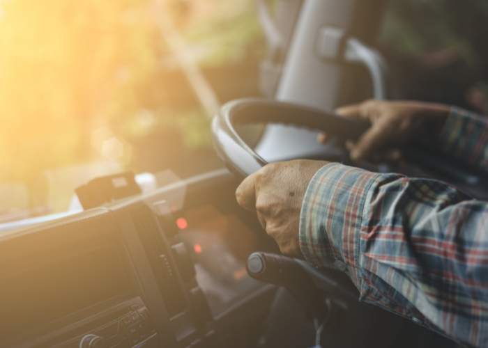 Person in plaid shirt driving a vehicle at sunset, hands on steering wheel.