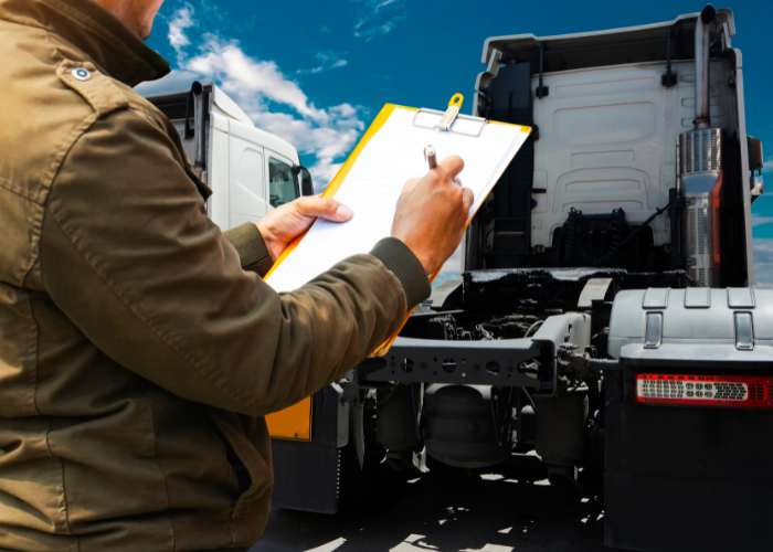 Person in brown jacket writing on a clipboard in front of a semi-truck