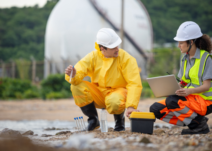 Two scientists in safety gear conducting water testing outdoors, one with a test tube and the other with a laptop, near a body of water with a large storage tank in the background.
