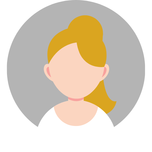 Illustration of a woman with long blond hair tied in a side ponytail, wearing a white top, against a gray circular background.
