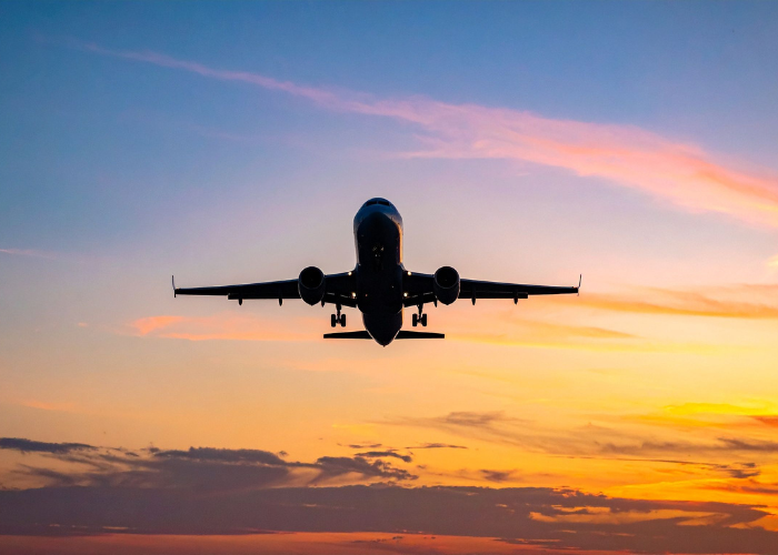 An airplane flying against a colorful sunset sky.