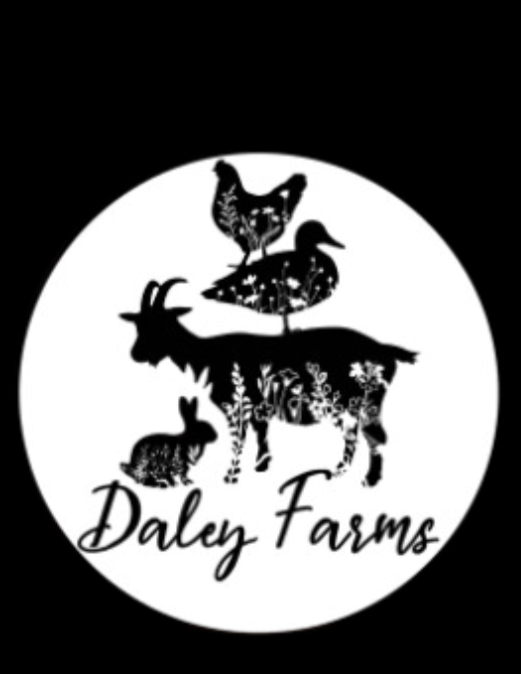 Silhouette of farm animals and wildlife, including a bird, rabbit, and goat, with plants inside their shapes, and the text 'Daley Farms' below, all in black and white.