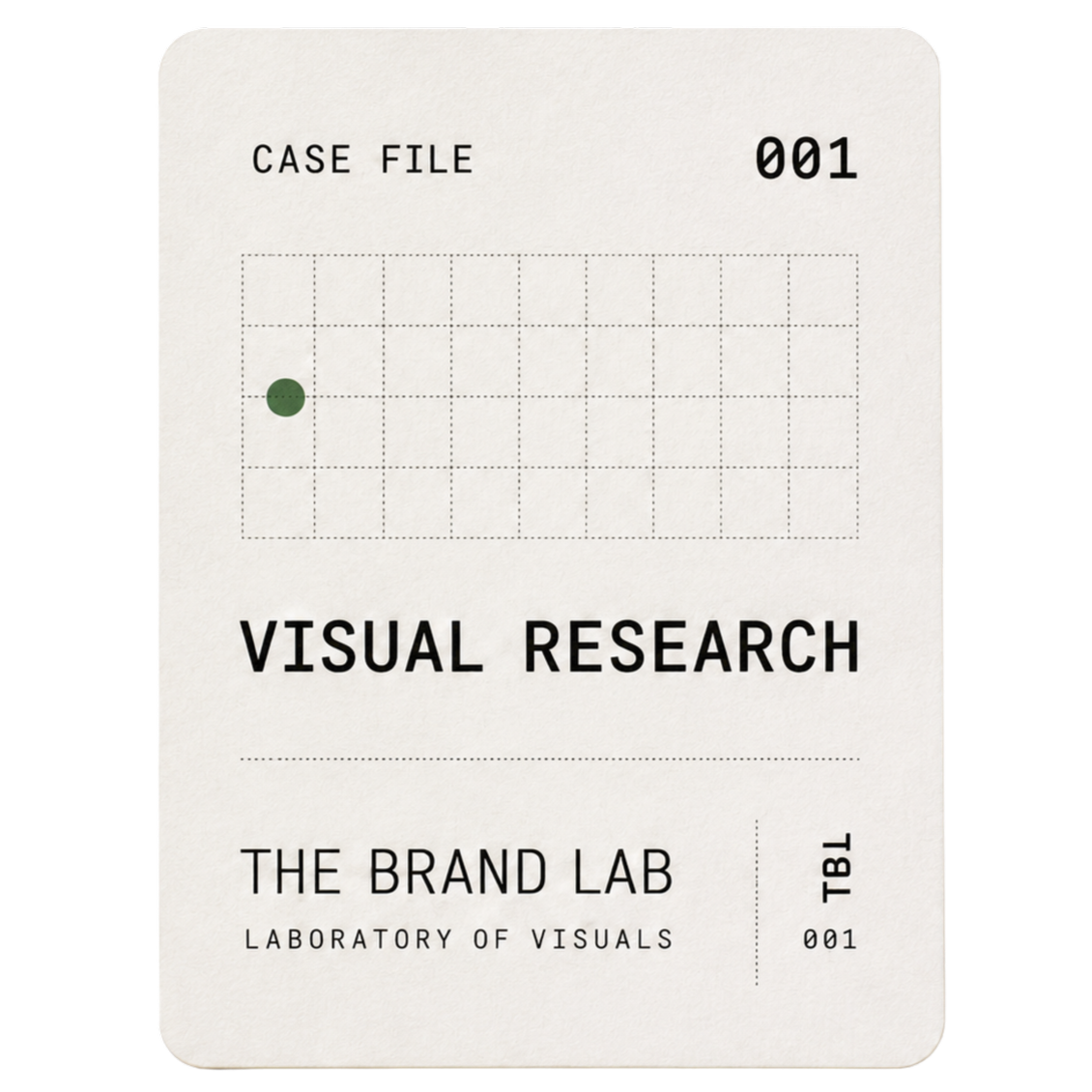 A white card labeled 'Case File 001' with a green dot on a grid, titled 'Visual Research' and 'The Brand Lab Laboratory of Visuals', with 'TBL' and '001' written on it.