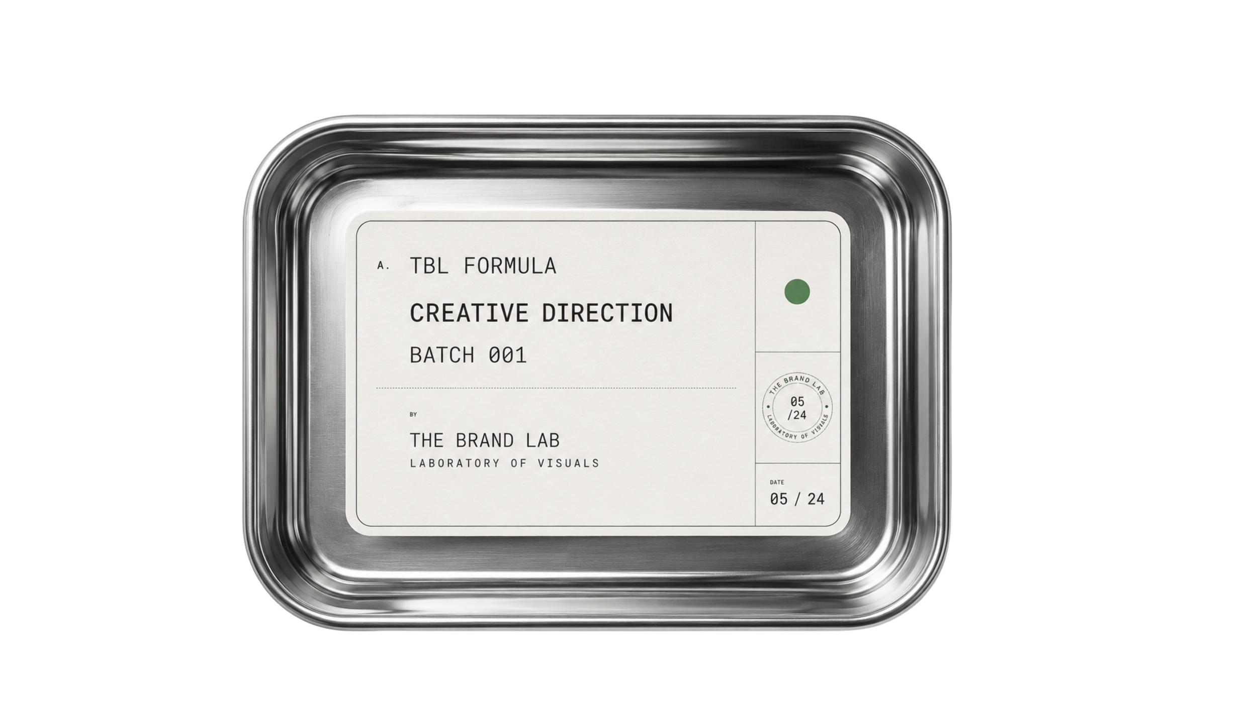 A close-up of a metallic container with a white label that has text including 'TBL FORMULA', 'CREATIVE DIRECTION', 'BATCH 001', and 'THE BRAND LAB LABORATORY OF VISUALS'.