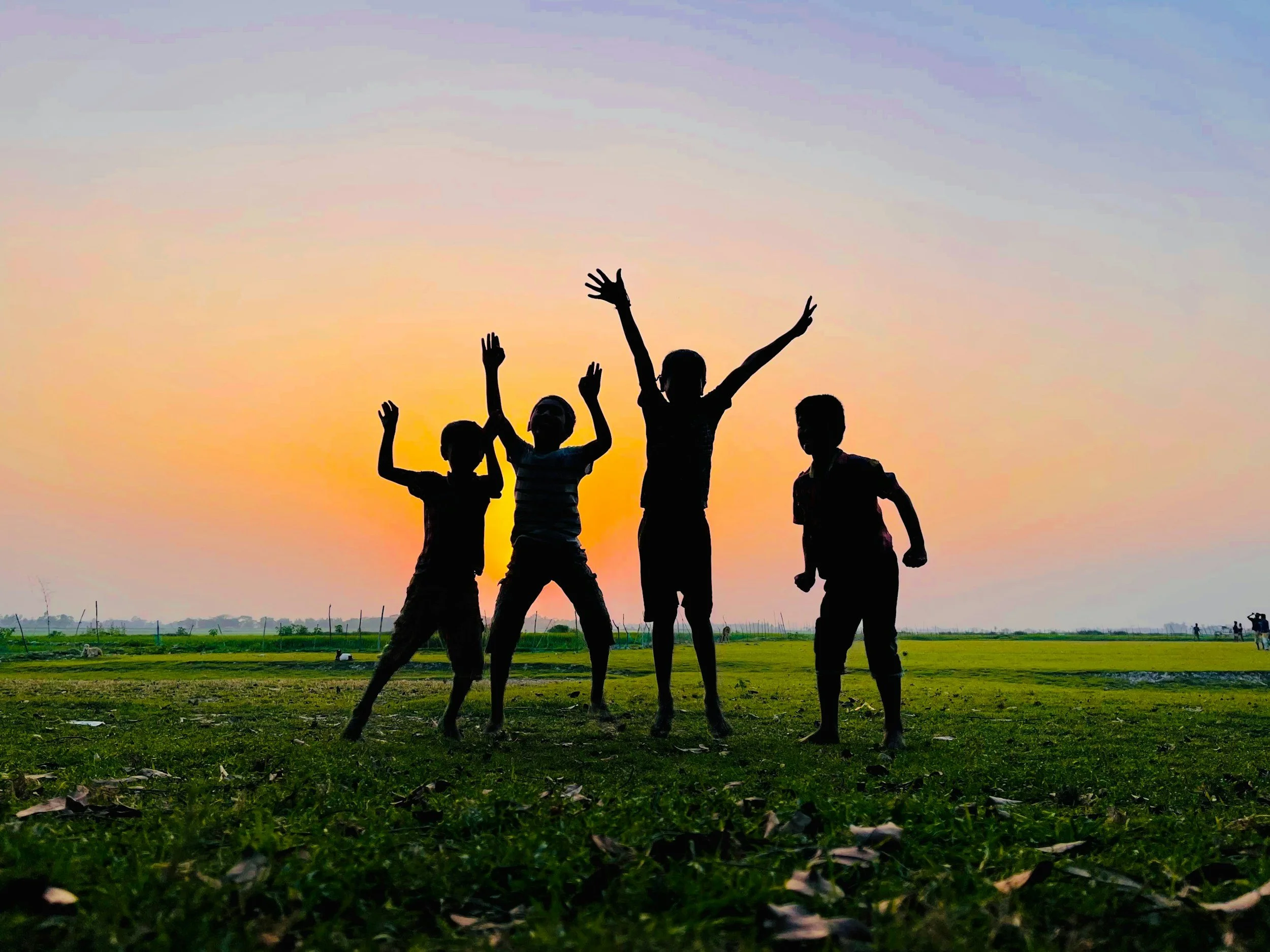 Silhouettes of five children playing outdoors against a sunset sky, with a landscape and fields in the background.