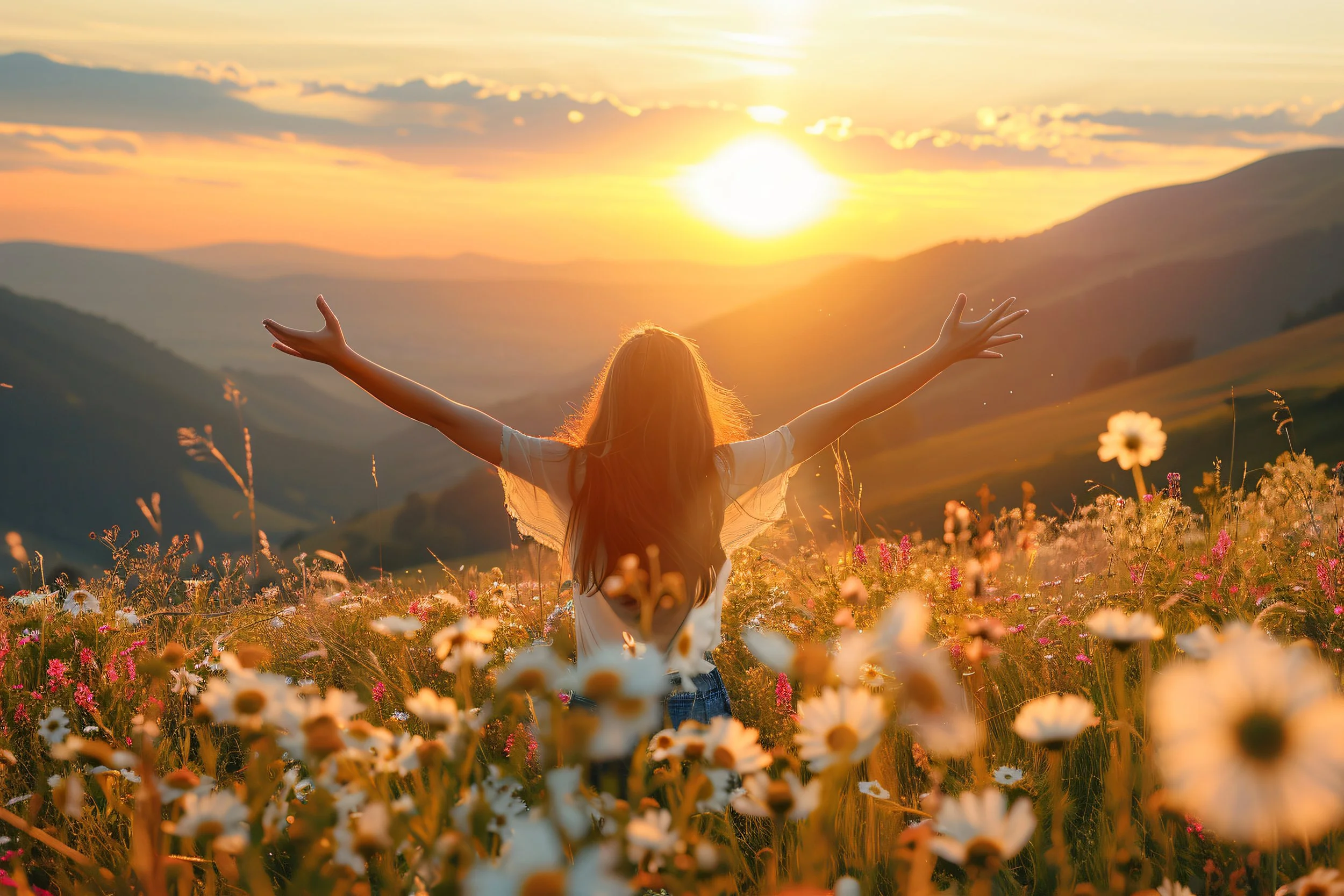 Woman standing in a field of flowers at sunset, symbolizing healing, growth, and new beginnings.
