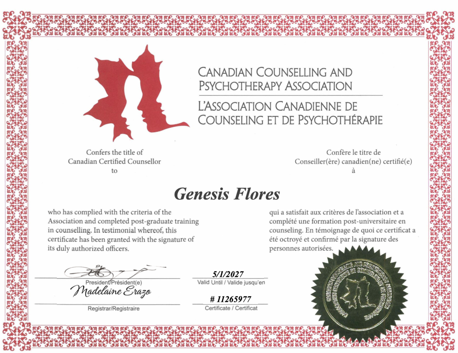 Certificate of Canadian Counselling and Psychotherapy Association awarded to Genesis Flores, signed by Madelaine Erazo, with a gold seal and red decorative border.