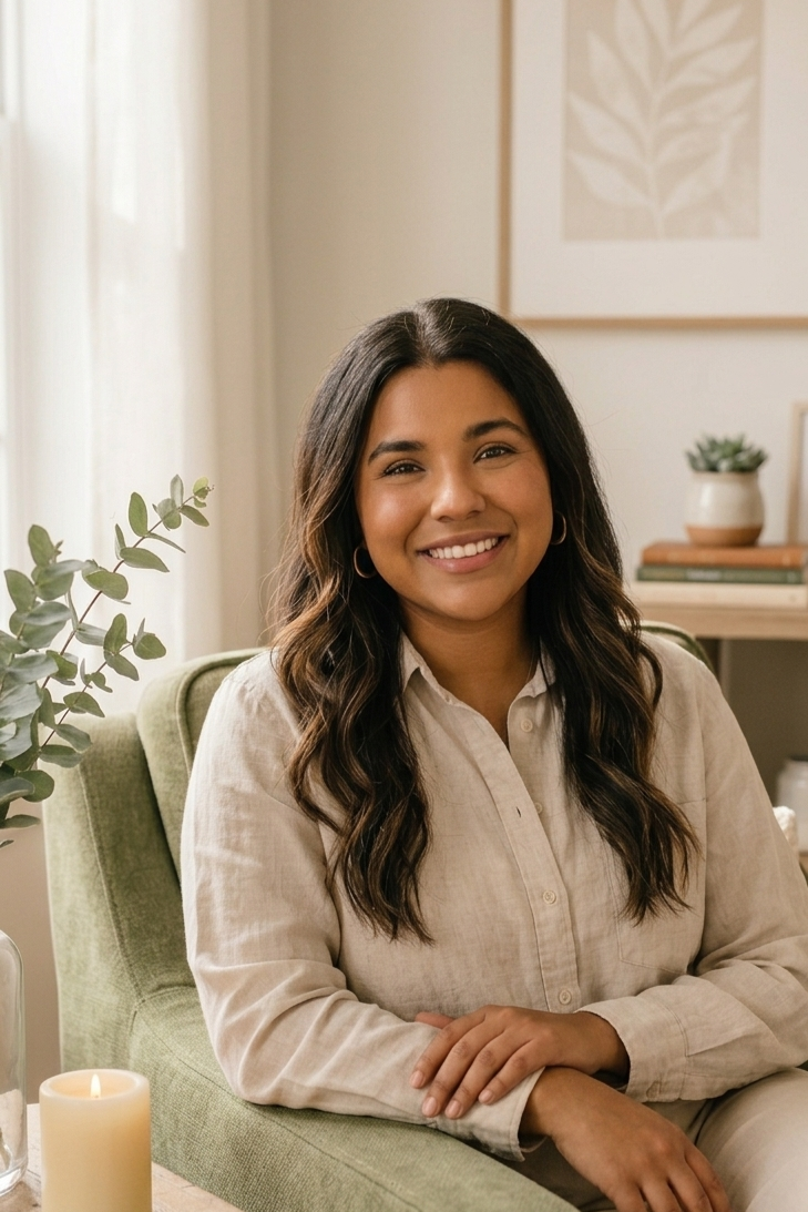 Smiling counsellor seated in a warm therapy space with plants and candles, creating a calm and welcoming environment.