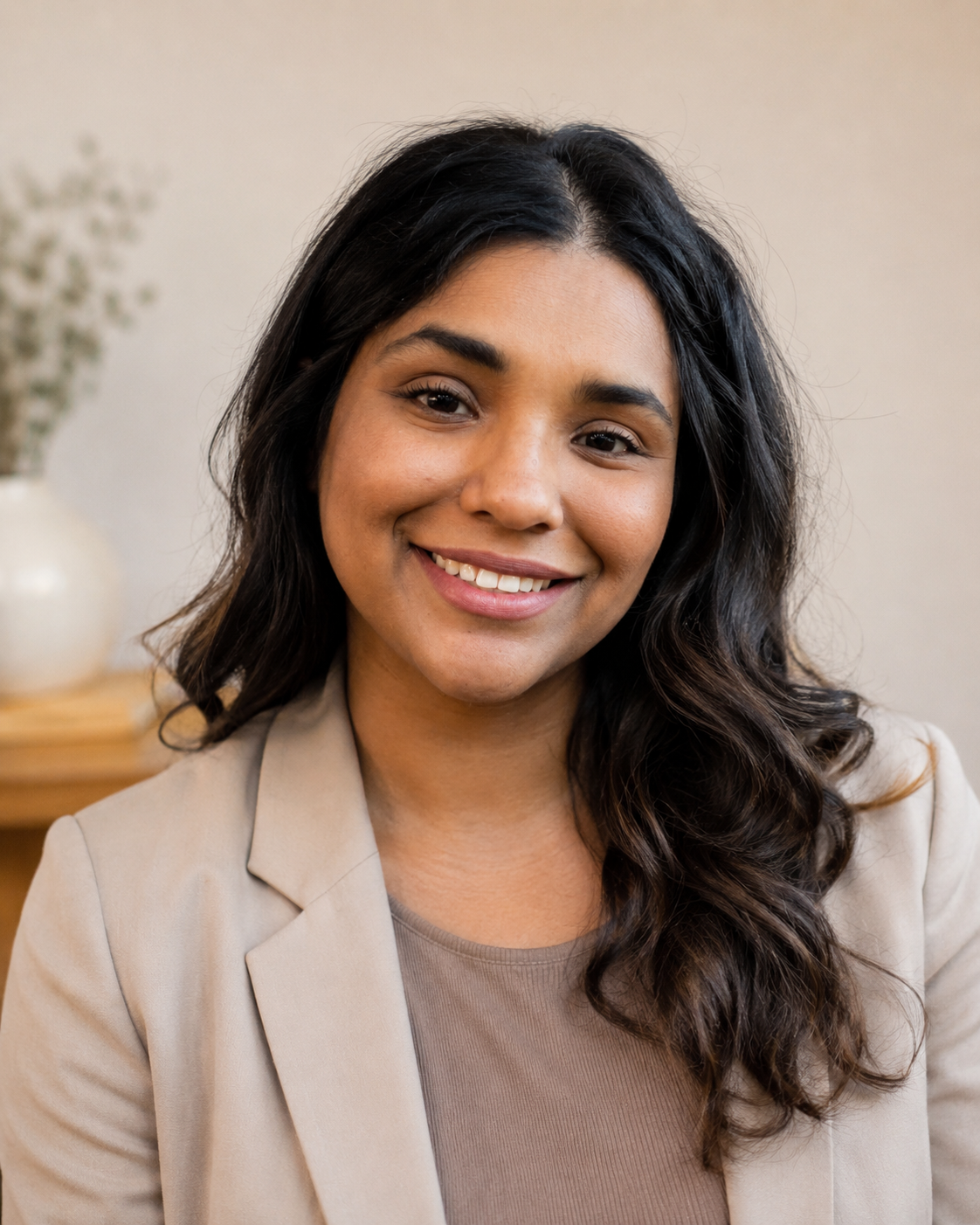 A smiling woman with long wavy dark hair, wearing a beige blazer and a taupe top, sitting indoors with a blurred background including a vase with flowers.