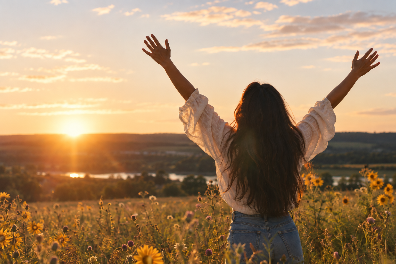 Woman standing in a wildflower field at sunset with her arms raised, conveying freedom, hope, and healing.