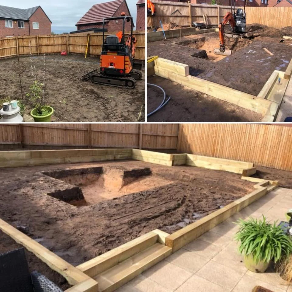 Sequence showing the process of building a backyard patio with a raised garden bed. The first image depicts the initial clearing of the ground with a mini excavator, the second shows the foundation being dug and the wooden frame being assembled, and 