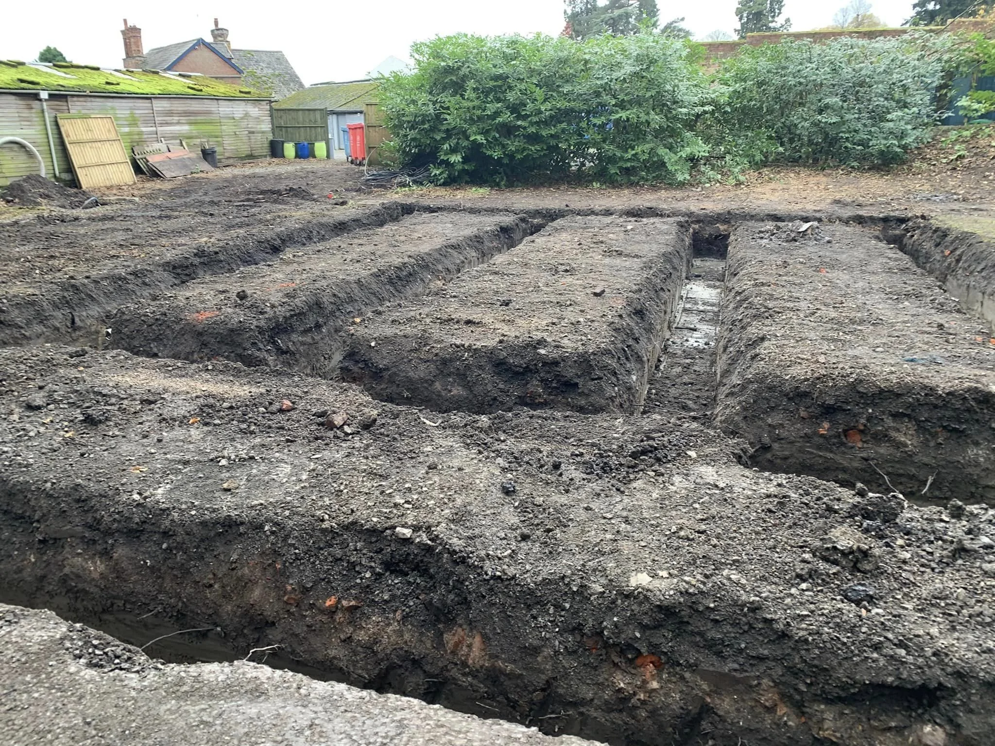 Dug trenches in the backyard for construction or piping installation, with a house and hedges in the background.