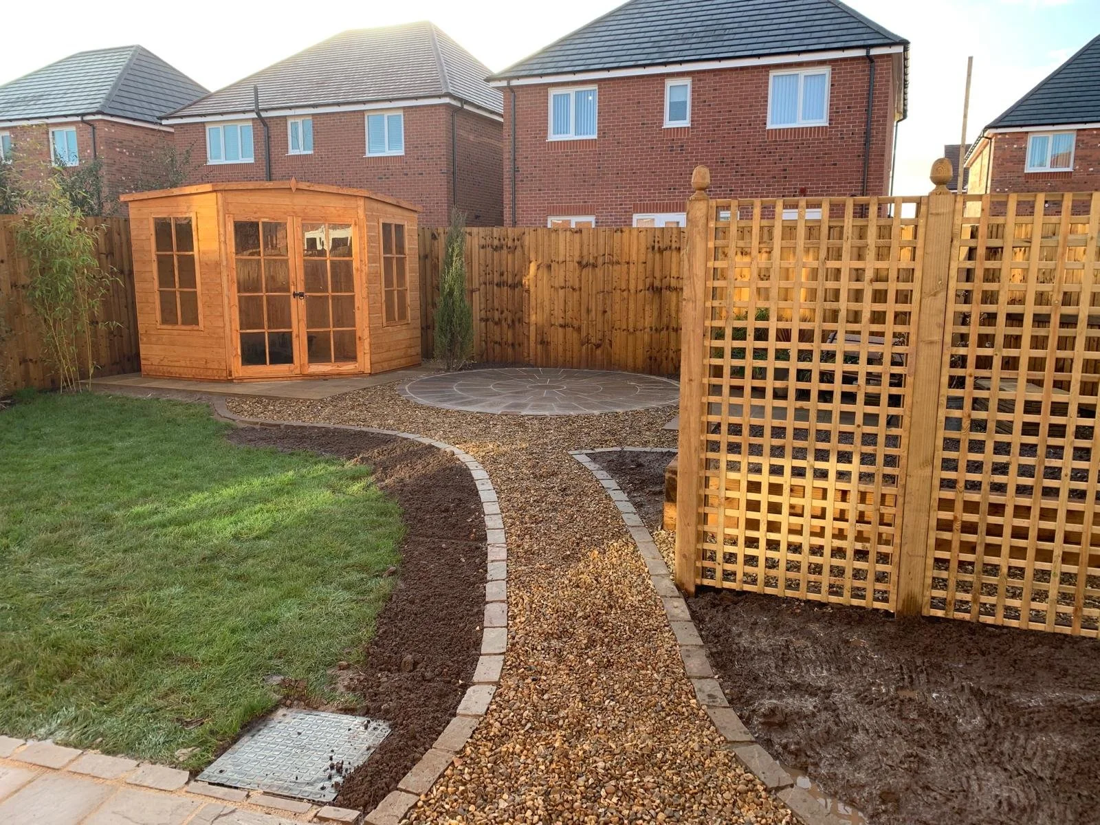 A backyard with a new gravel pathway, a wooden shed, a circular patio made of stone, a small patch of grass, and tall fences, with houses in the background.