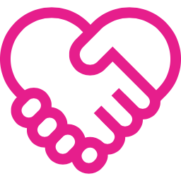 Ein symbolisches Herz, das aus zwei Handschlägen besteht, in pinker Kontur auf schwarzem Hintergrund.