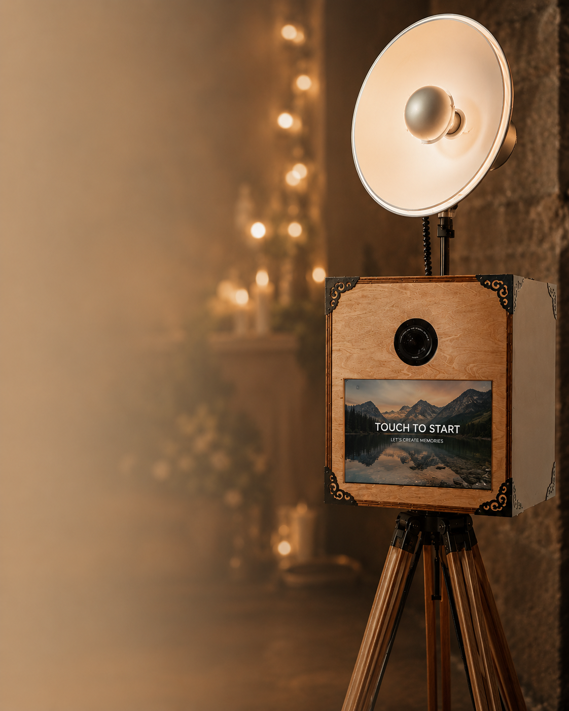 Eine Fotobox auf Holz-Dreibein im Vintage Stil mit hochwertiger Kamera und Blitz und Drucker auf einer Hochzeit.