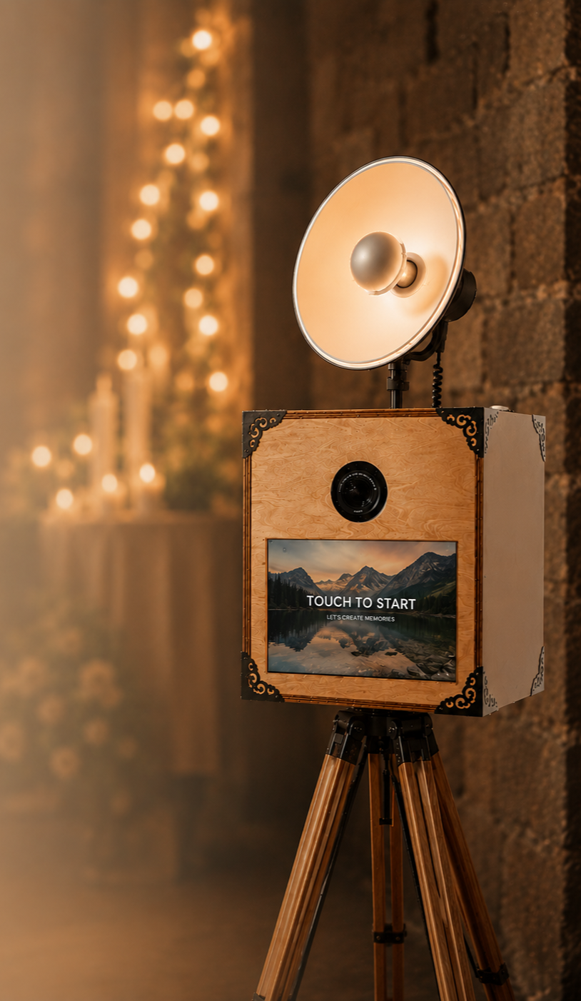 Eine Fotobox auf Holz-Dreibein im Vintage Stil mit hochwertiger Kamera und Blitz und Drucker auf einer Hochzeit.