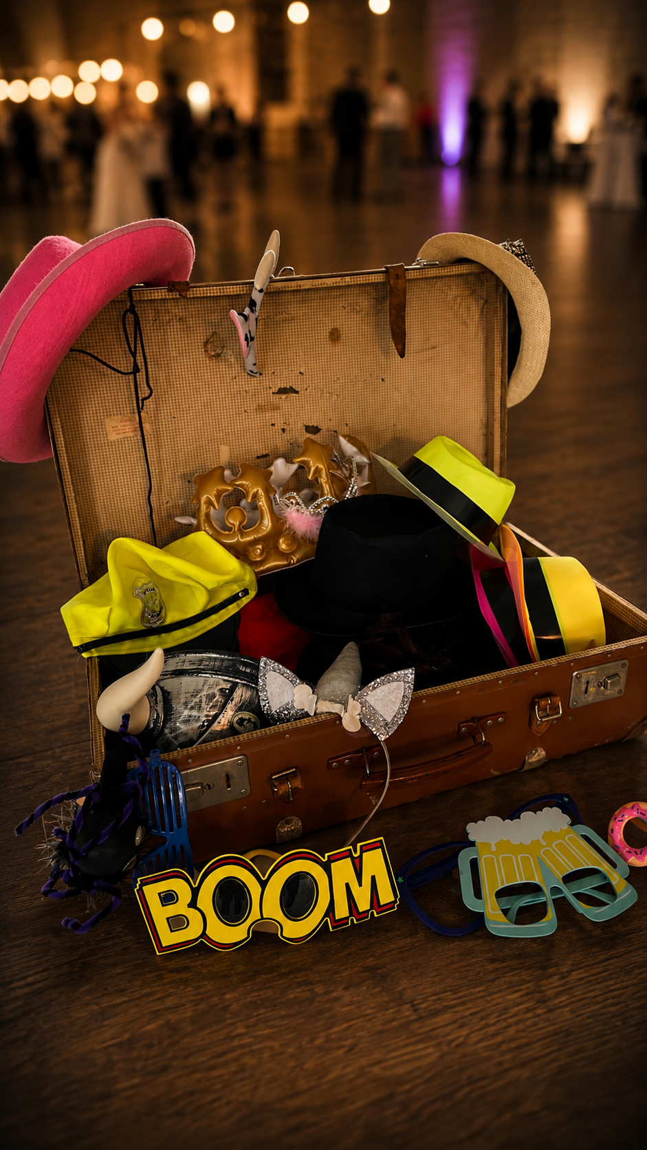 Offene Koffertasche mit Partyzubehör und Accessoires, darunter Hüte, Brillen, Schnurrbärte, und Dekorationen, auf einem Holztisch in einem festlichen Raum mit people im Hintergrund.