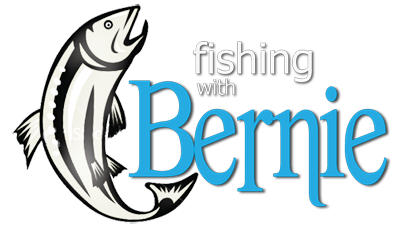 Logo for 'Fishing with Bernie' featuring a fish with a fishing hook in its mouth and stylized text.