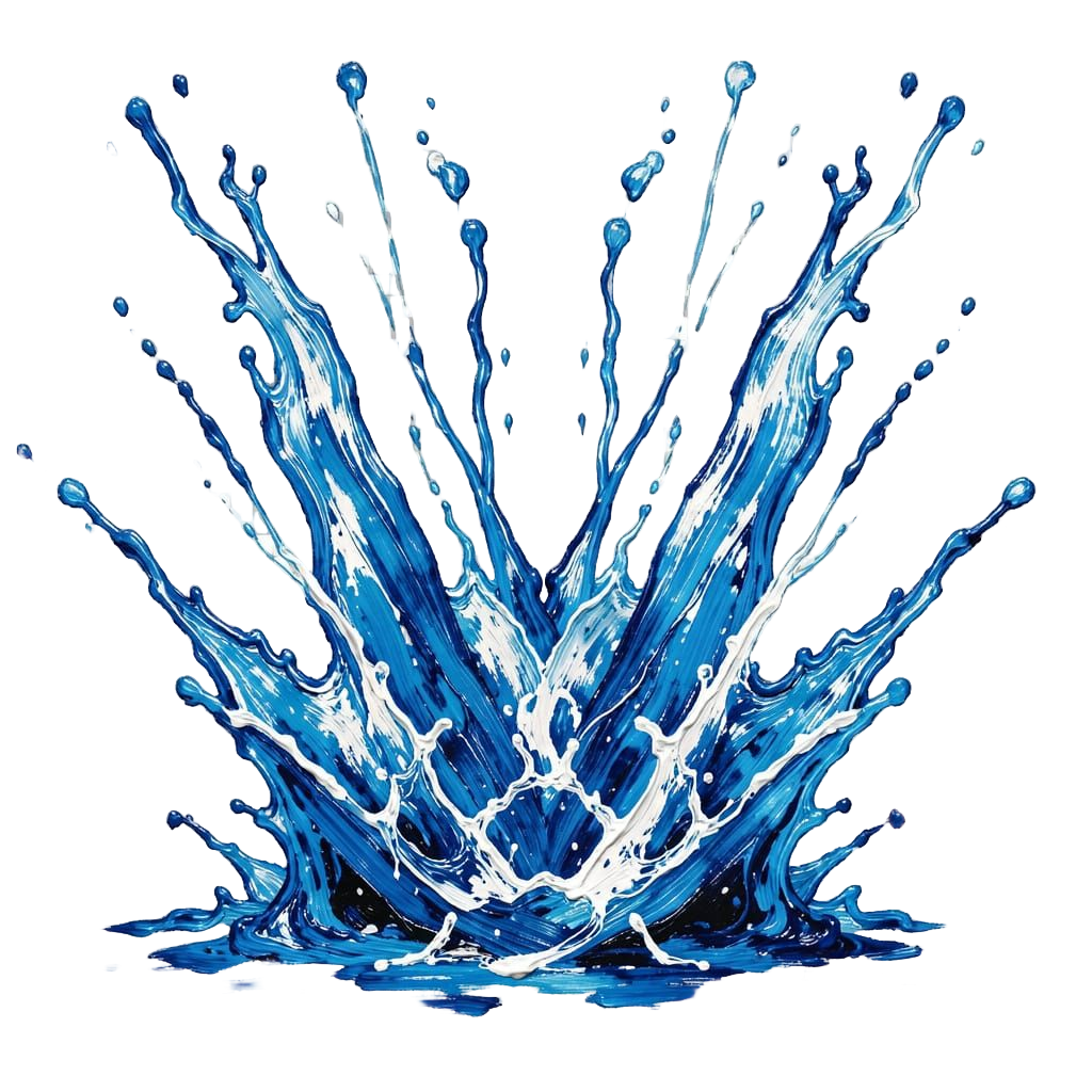 Digital illustration of water splashing upwards in various shades of blue and white against a black background.