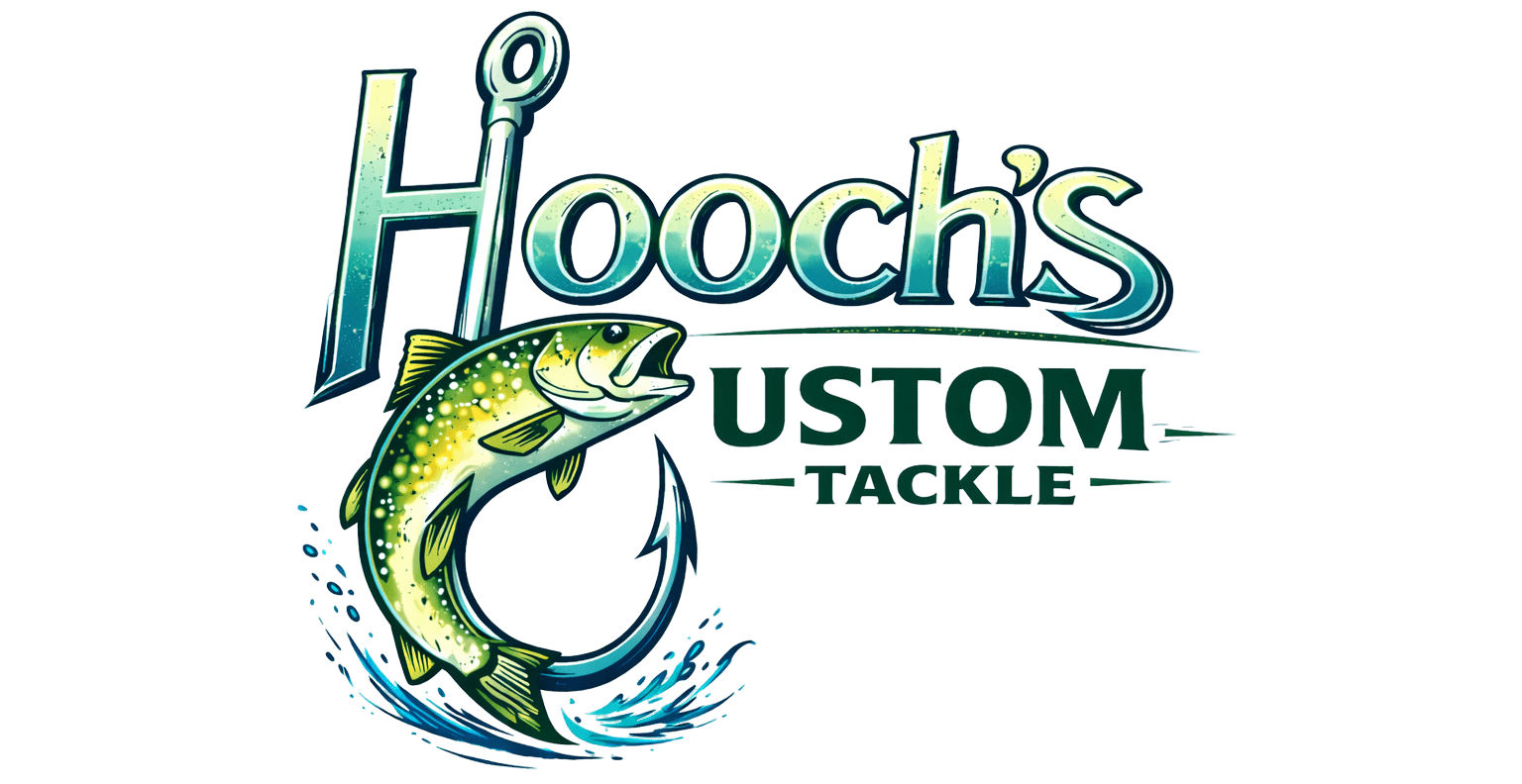 Logo for Hooch's USTOM Tackle, featuring a fish jumping out of water with a fishing hook.