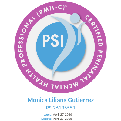 PSI certification badge featuring a stylized human figure, purple border with white text, and recipient's name Monica Liliana Gutierrez, certification number PSI26135551, issued on April 27, 2026, and expires on April 27, 2028.
