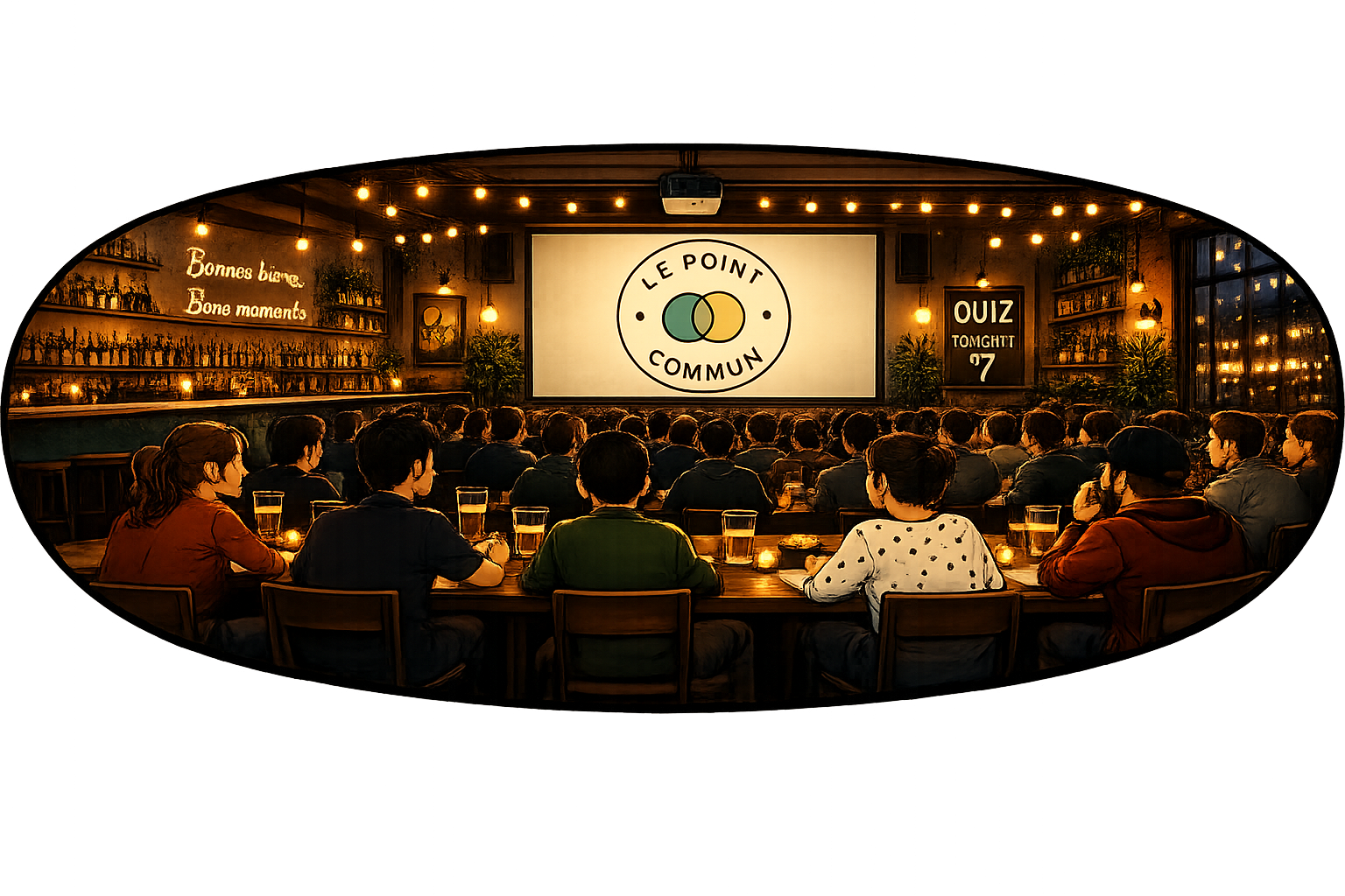 People attending a presentation in a dimly lit venue with string lights, a large screen displaying 'Le Point Commun' logo, and signs for a quiz night, surrounded by bottles and plants.