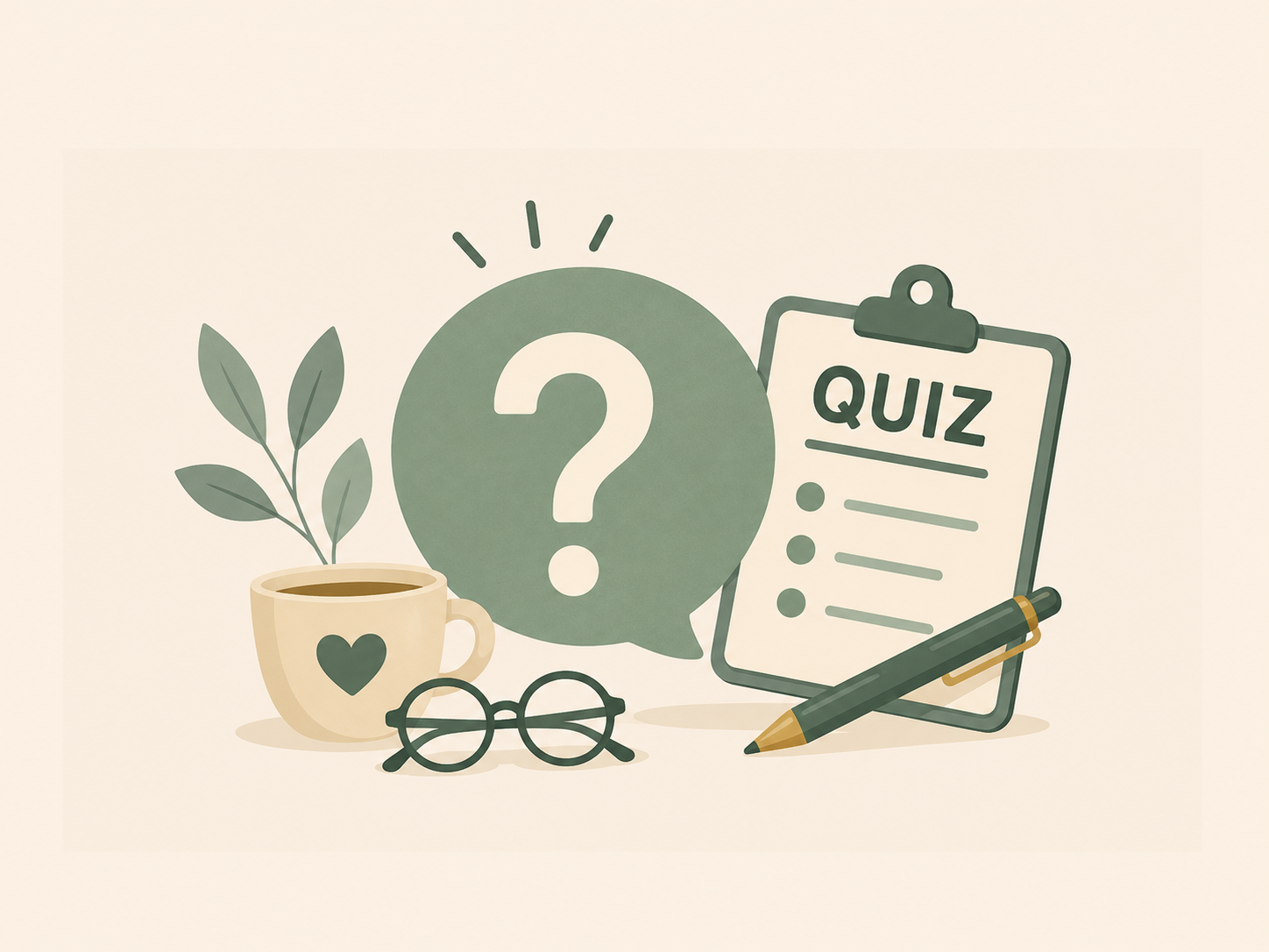 Illustration of a quiz concept with a large question mark, a clipboard labeled 'QUIZ', a pen, a pair of glasses, a cup with a heart, and a plant branch.