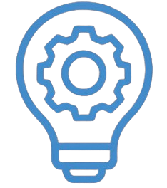 Light bulb icon with gear inside, representing ideas and innovation.