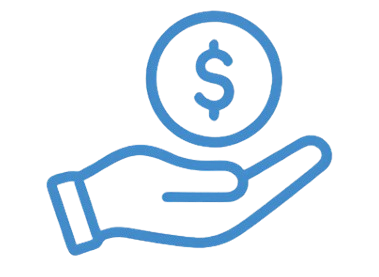 Outline of a hand holding a dollar coin above a dollar sign.