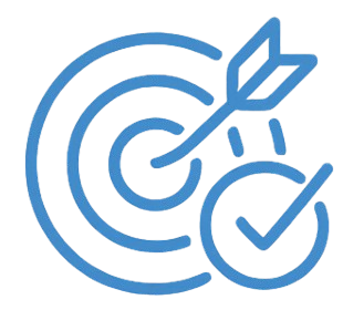 A stylized blue graphic of a target with an arrow hitting the bullseye, with a checkmark symbol overlapping the target.