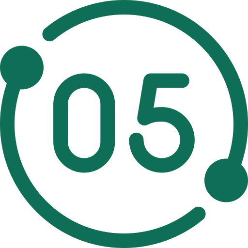 A circular design featuring the number 05 at the center, with two dots connected by a curved line, resembling a stylized speed or progress indicator.