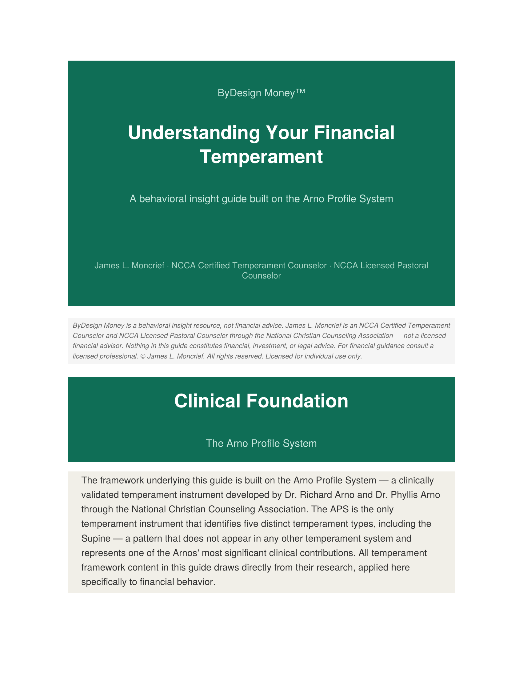 Cover page of a guide called "Understanding Your Financial Temperament" ByDesign Money, featuring a green background with white text.