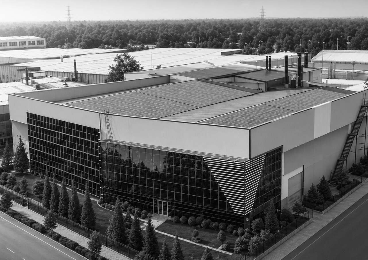 An aerial view of a modern commercial building with a glass facade, surrounded by landscaped trees and shrubs, in an industrial area with other warehouses and a forest in the background.