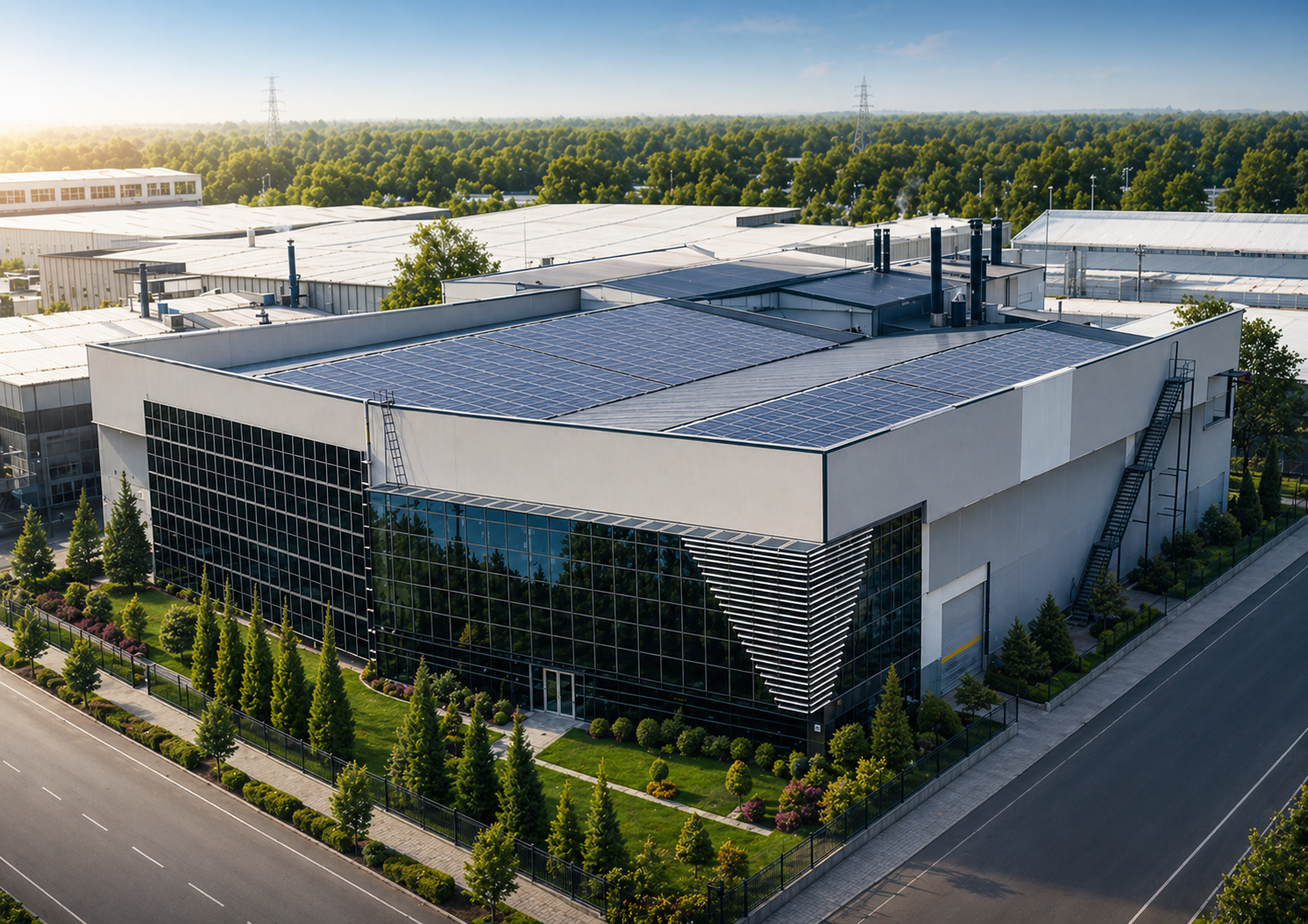 A large modern industrial building with solar panels on the roof, surrounded by landscaped trees and shrubs, next to a wide road.