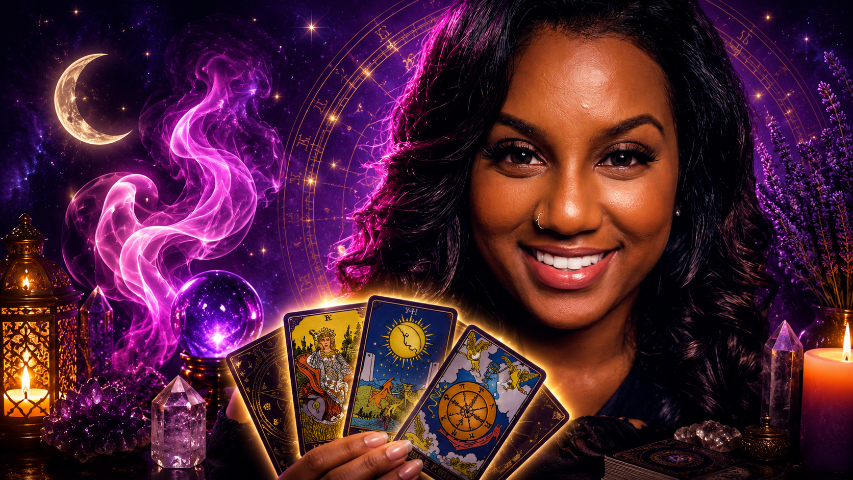 Sunshine has dark hair & she is holding tarot cards, surrounded by mystical items like a crystal ball, amethyst, candles, lanterns, and purple flowers, with a cosmic background featuring a crescent moon & swirling purple smoke. She is a tarot reader.