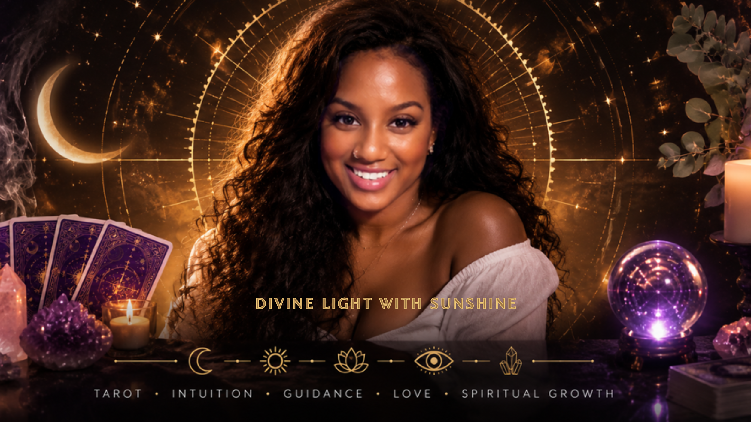 A smiling woman with dark, curly hair and a nose ring, surrounded by tarot cards, crystals, candles, and mystical symbols, with a cosmic background featuring a crescent moon and golden geometric patterns. Text reads "Divine Light with Sunshine" and describes tarot, intuition, guidance, love, and spiritual growth.