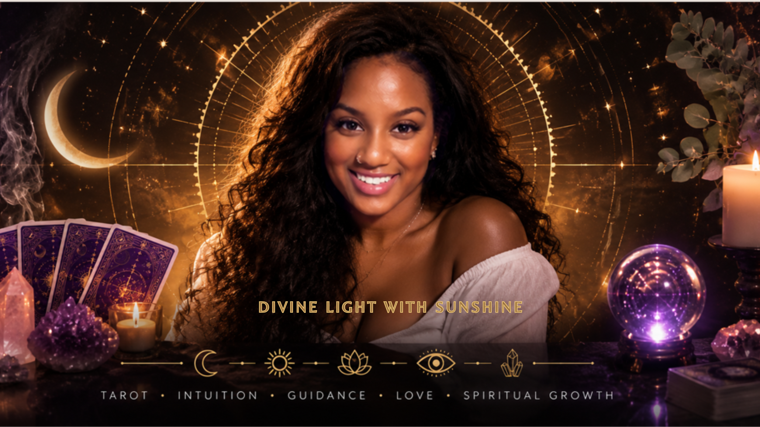 Sunshine smiling with long, curly dark hair she is sitting at a table with tarot cards, candles, crystals, and mystical symbols, set against a cosmic background with stars, a crescent moon, and the phrase 'Divine Light with Sunshine' is her Youtube.