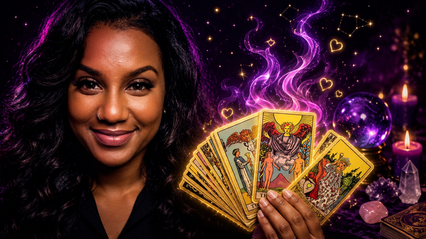 Sunshine is a tarot reader woman with dark wavy hair and a nose piercing holding tarot cards with mystical symbols, surrounded by glowing purple and pink magical effects, candles, crystals, and a crystal ball in the background.