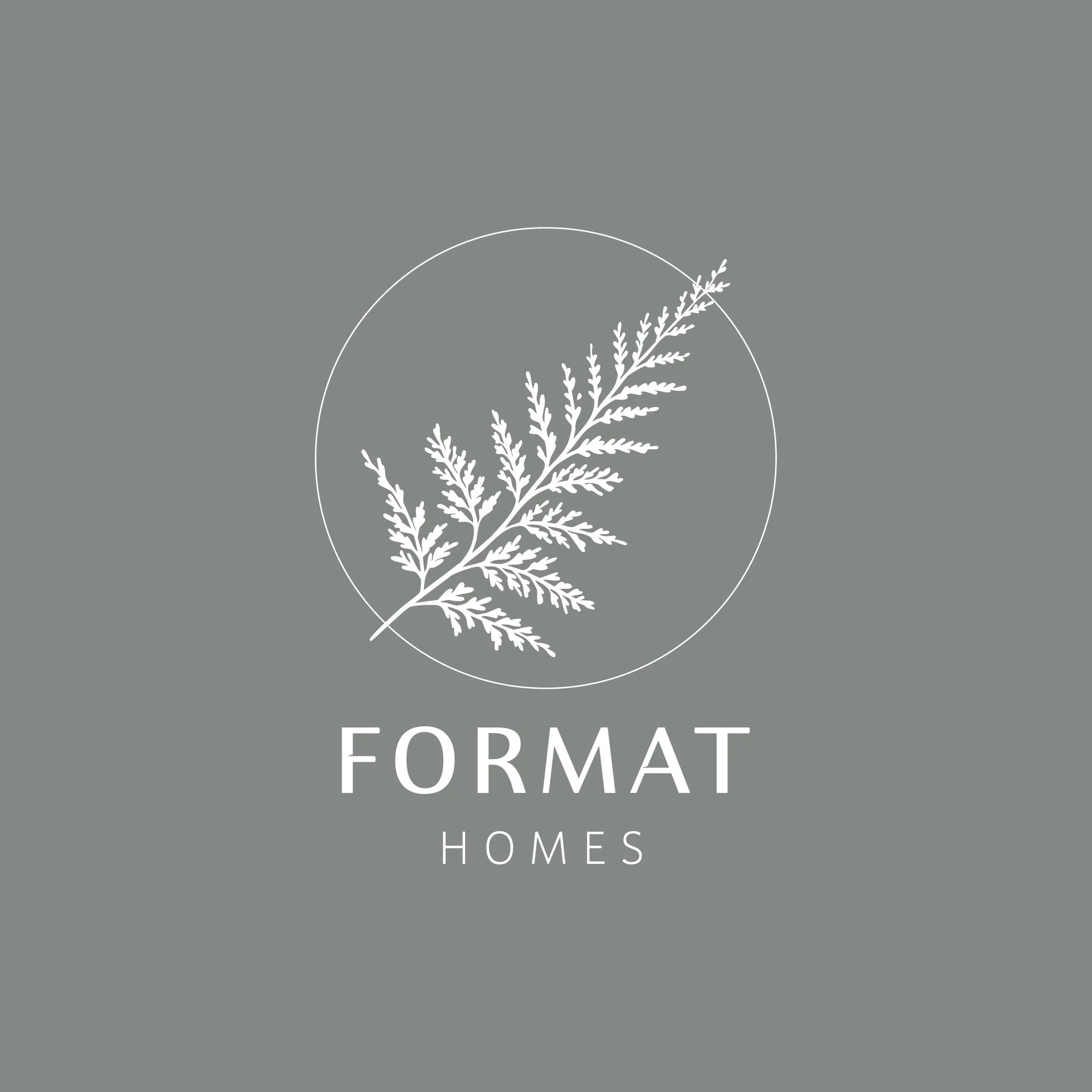 A grey background with a white outlined circle containing a white botanical illustration of a fern. Underneath, the text reads 'FORM A HOMES'.
