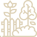 Minimalist illustration of two trees and a bush