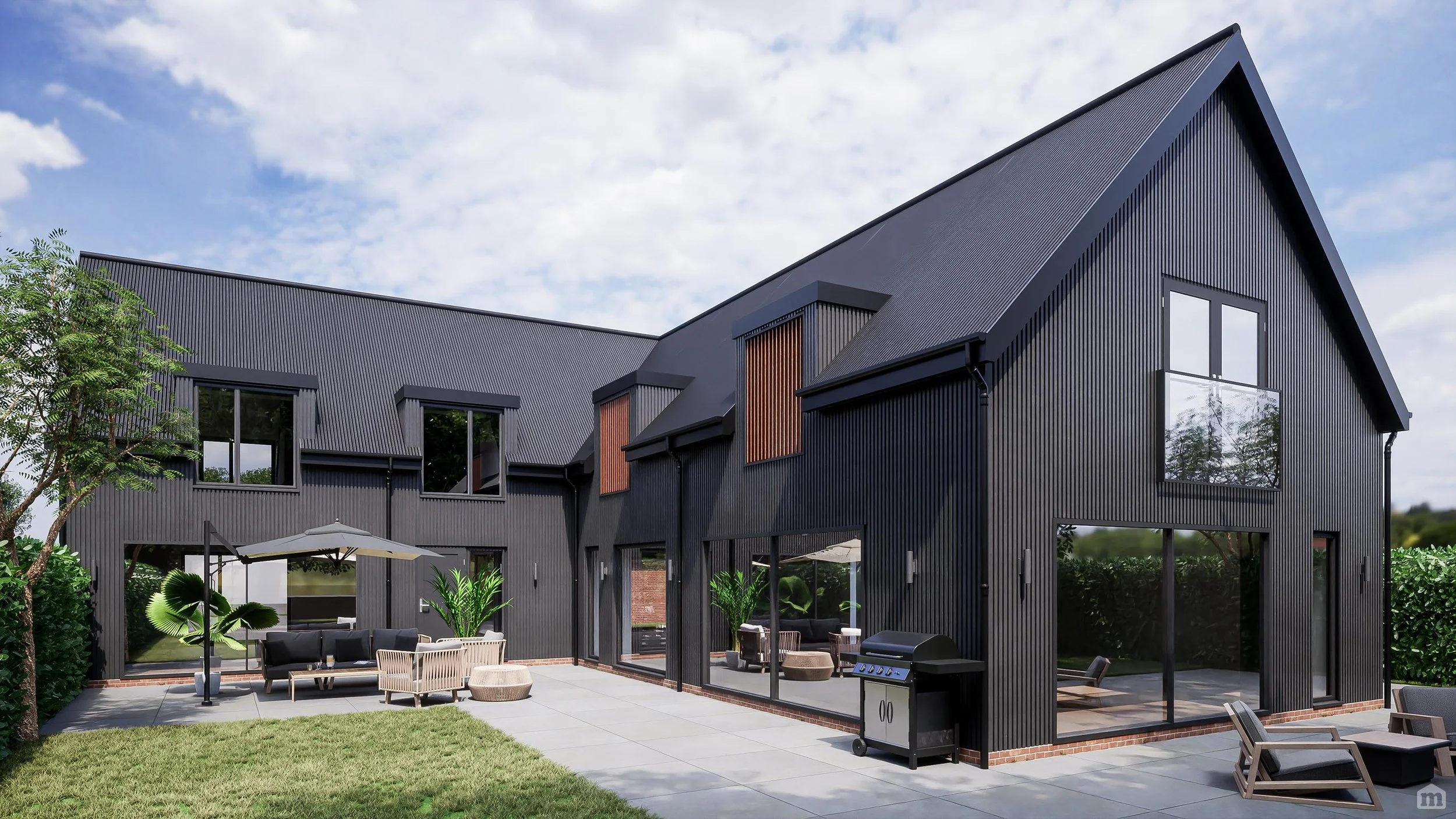 Modern black house with a sloped roof, large windows, and an outdoor patio with furniture and a grill, under a partly cloudy sky.