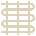 A beige metal fence with horizontal and vertical bars forming a grid pattern.