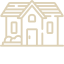 Outline of a two-story house with a front porch, windows, and a gabled roof.