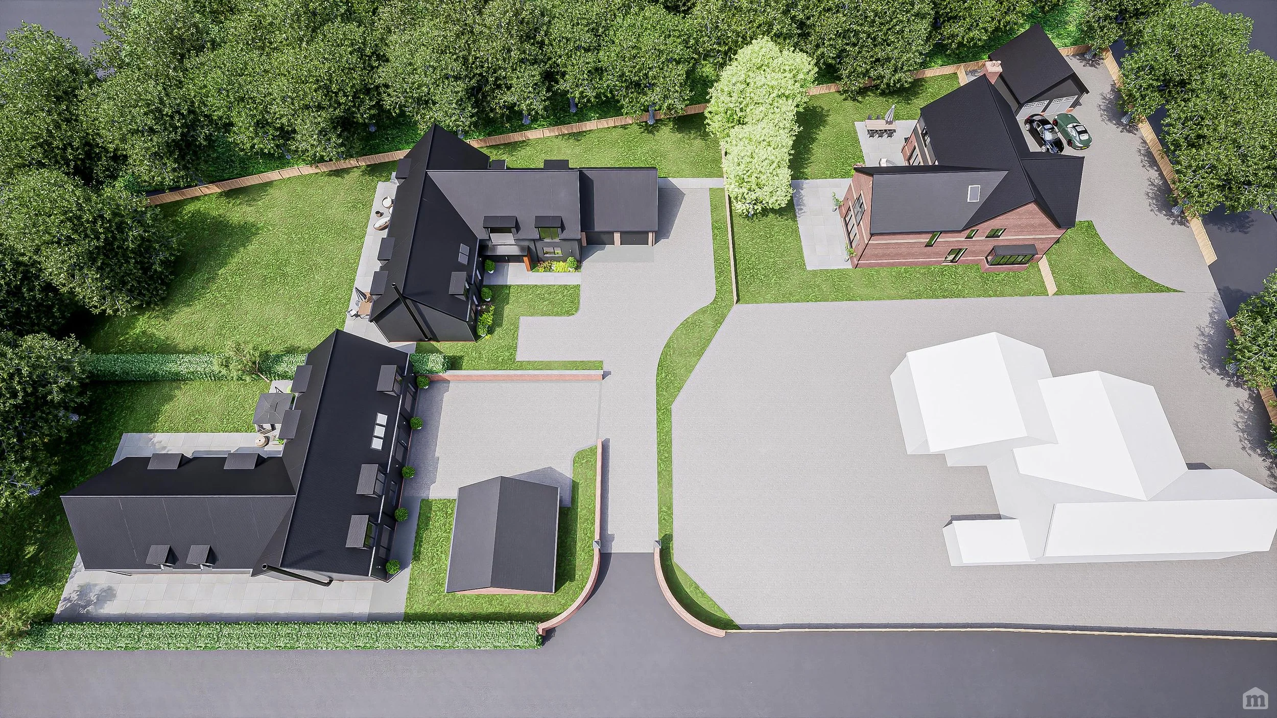 Aerial view of multiple modern houses surrounded by green grass, trees, and a wooden fence, with driveways and parked cars visible.